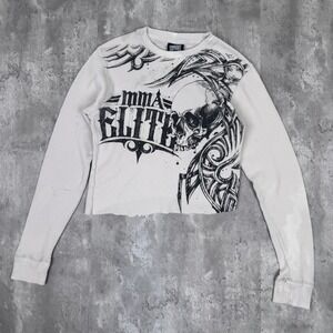 Vintage MMA Elite Thermal Shirt Womens Small White Cropped Distressed Skull Y2K
